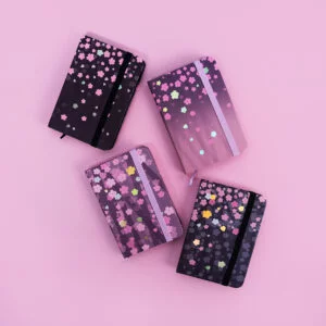 A7 Cherry Blossom Notebooks with Elastic Band & Ribbon Bookmark - Black with Pink Blossom