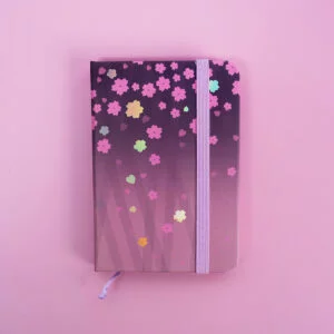 A7 Cherry Blossom Notebooks with Elastic Band & Ribbon Bookmark - Gradient Purple Blossoms