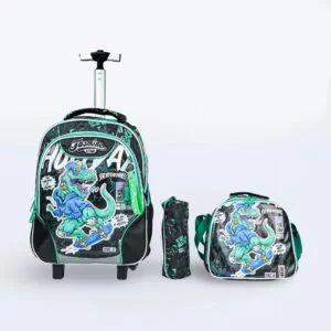 3-Piece Trolley Backpack Set - Green Dino Skater