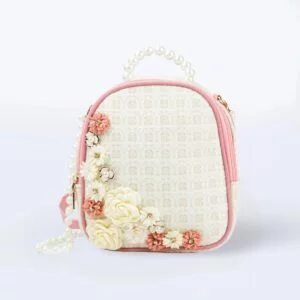 Elegant Pearl Handle Backpack - Cream & Pink Flowers