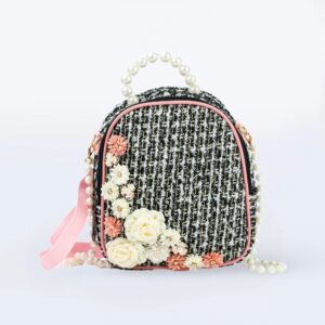 Elegant Pearl Handle Backpack - Black Tweed Floral
