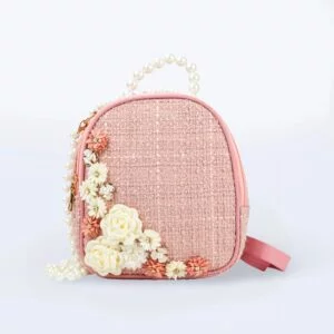Elegant Pearl Handle Backpack - Pink Tweed with Flowers