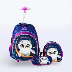 3-Piece Trolley Backpack Set – Cute Owl Design – Jasminestar – Navy & Pink