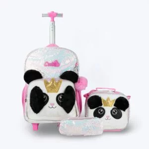3-Piece Trolley Backpack Set – Panda Princess Design – Sparkling Pink & White