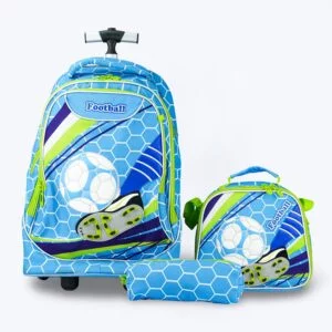 3-Piece Trolley Backpack Set – Blue Football Graphic – Lime Accents