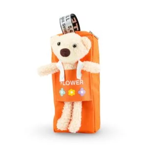 Teddy Bear Plush Pencil Case – Orange with Flowers