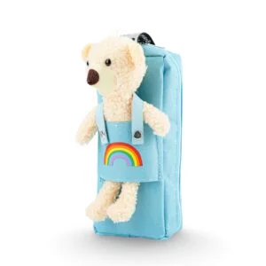 Teddy Bear Plush Pencil Case – Blue with Rainbow