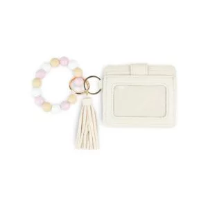 Wristlet Keychain Wallet with Tassel - Beige