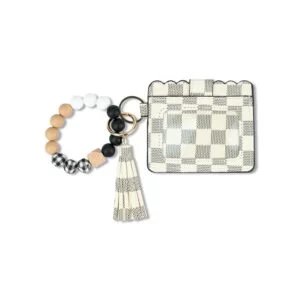 Checkered Wristlet Keychain Wallet with Tassel - Black & White