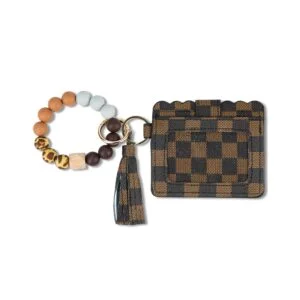 Checkered Wristlet Keychain Wallet with Tassel - Brown & Black