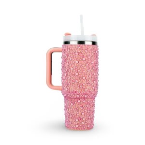Luxury Rhinestone Stainless Steel Tumbler with Handle – Peach Pink Edition