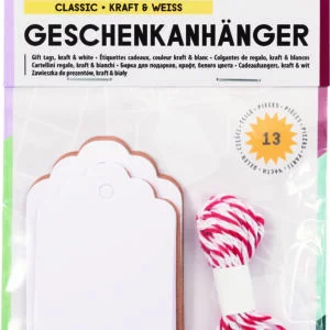 Folia Gift tags NATURAL&WHITE, long,12 pieces, inclusive 2m string