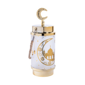 Luxury Crescent Top Ramadan Lantern – White & Gold with led light